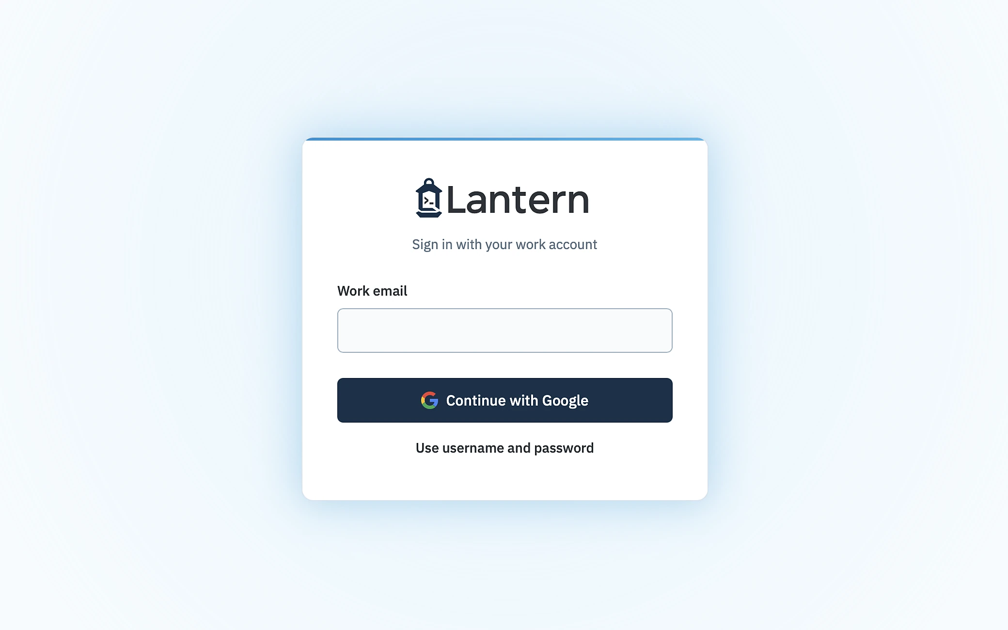 Lantern sign-in page with work email and Continue with Google